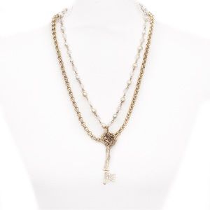 Skova Soul White Pearl & Glass Gold Chain 3" Crystal Key 2 Layer 22" Necklace